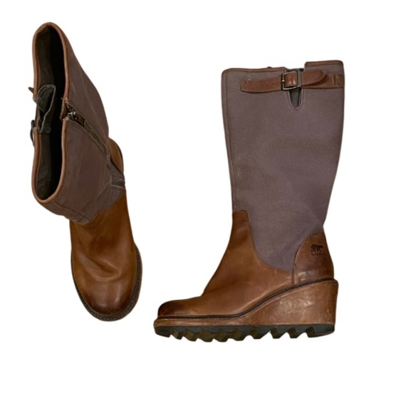 Gently worn Sorel brown tall canvas wedge riding boots 7 - Picture 3 of 7